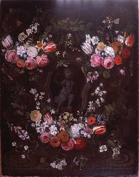 Jan Philip van Thielen Garland of flowers surrounding cherub in grisaille Germany oil painting art